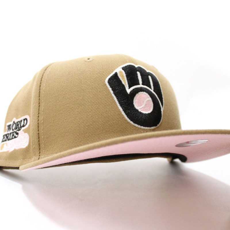 Milwaukee Brewers 1982 World Series New Era 59Fifty Fitted Hat (Glow in the Dark Khaki Pink Under Brim) 7