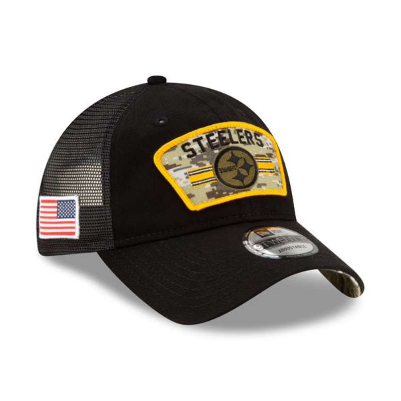 Pittsburgh Steelers New Era 2021 Salute To Service Trucker 9TWENTY Adjustable Hat – Black