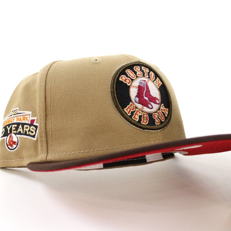 Boston Red Sox FENWAY PARK 100 YEARS New Era 59Fifty Fitted Hat (KHAKI BURNT WOOD SCARLET Under Brim) 7