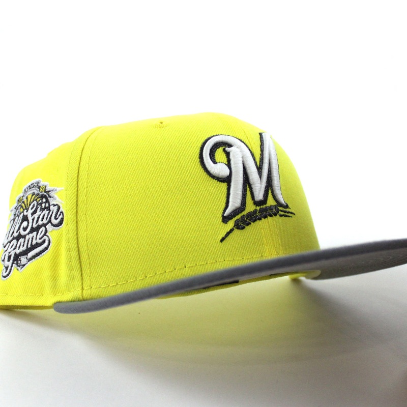 Milwaukee Brewers 2002 All Star Game New Era 59Fifty Fitted Hat (GITD Soft Yellow Stone Gray Gray Under Brim) 7
