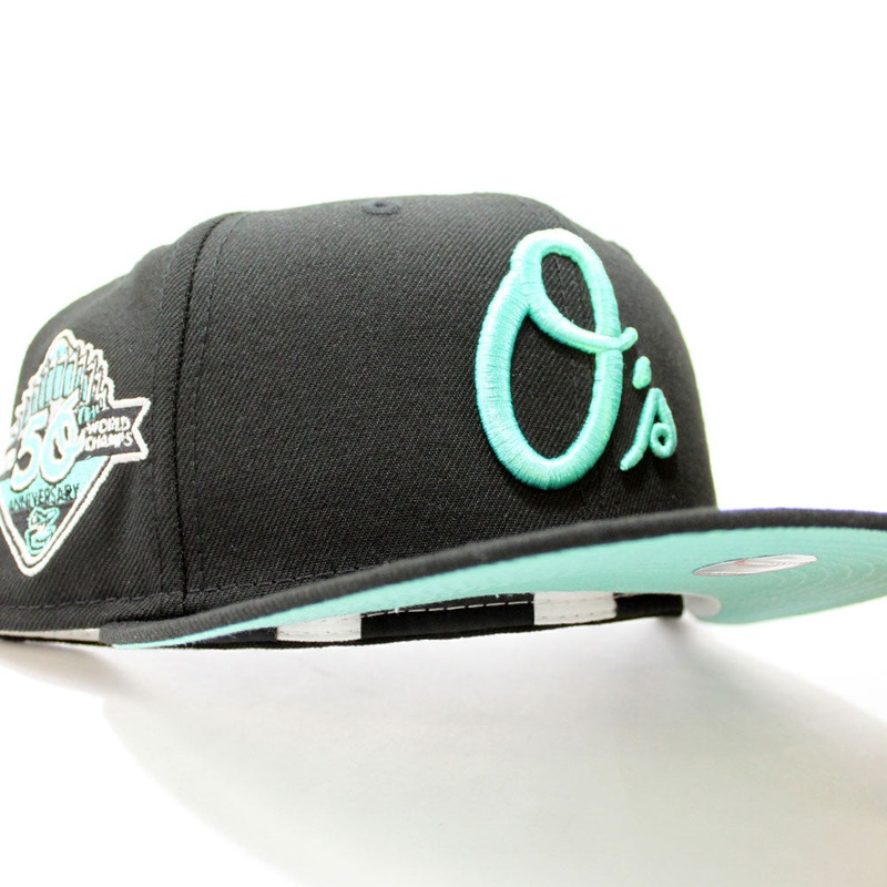 Baltimore Orioles 50th Anniversary 59Fifty New Era Fitted Hat (Glow in the Dark Black Mint Under Brim) 7