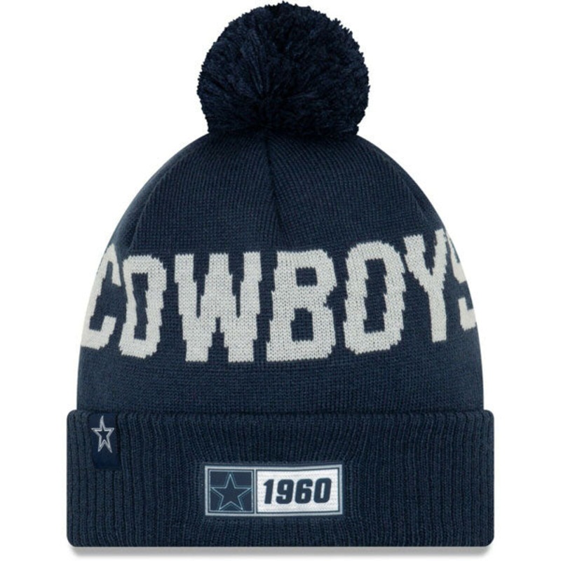 Dallas Cowboys New Era 2019 NFL On-Field Sideline Road SPORT KNIT Cuffed Pom Hat – Navy