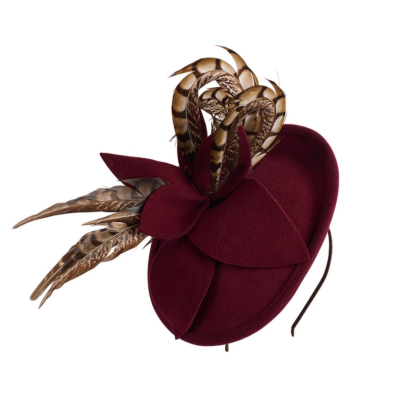 Failsworth Hats Wool Felt Disc Fascinator With Feathers – Wine 1-Size