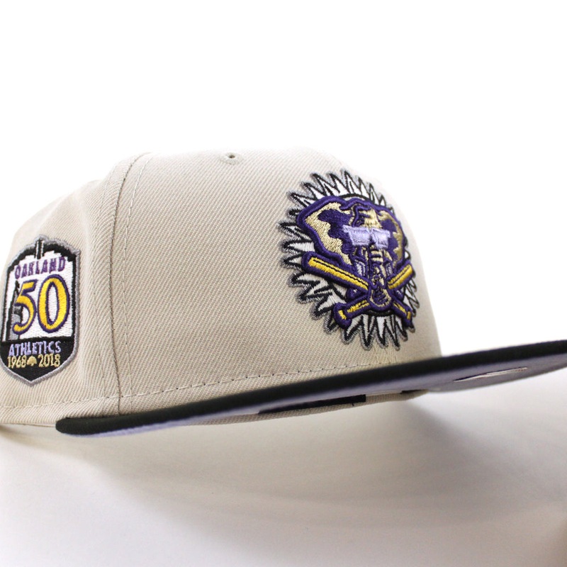 Oakland Athletics 50th Anniversary New Era 59Fifty Fitted Hat (Stone Black Lavender Under Brim) 7