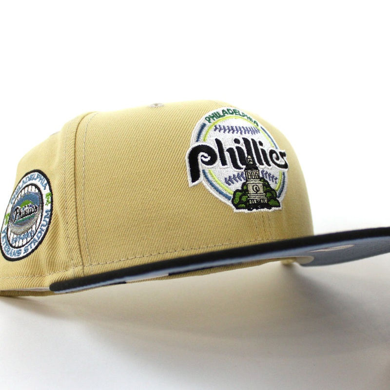 Philadelphia Phillies Veterans Stadium 59Fifty New Era Fitted Hat (VEGAS GOLD BLACK BIRDSEYE BLUE Under Brim) 7