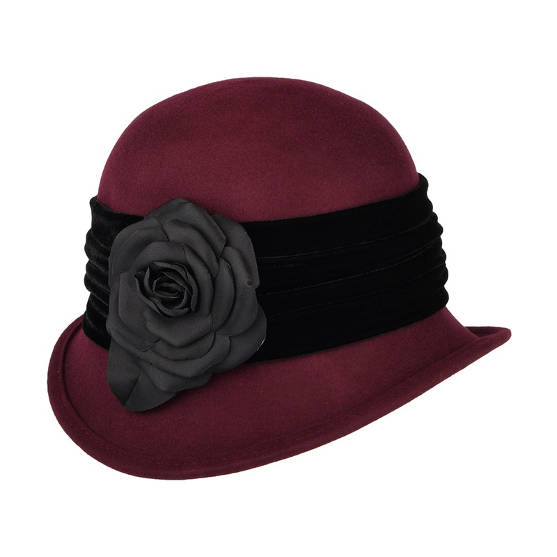 Scala Hats Wool Felt Cloche with Flower – Burgundy 1-Size