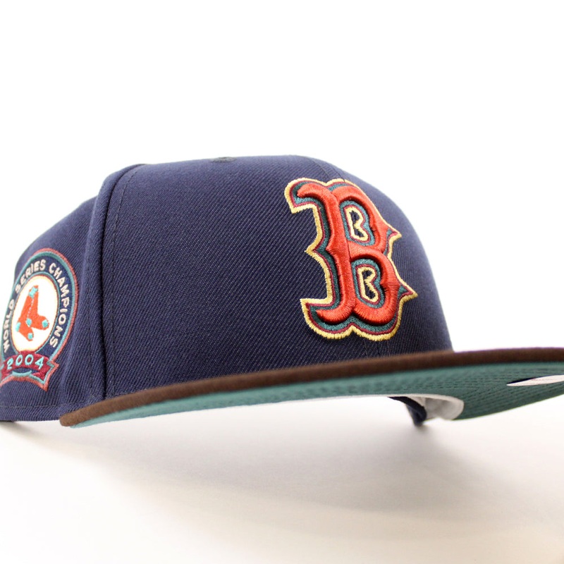 Boston Red Sox 2004 World Series Champion New Era 59Fifty Fitted Hat (Navy Burnt Wood Pine Green Under Brim) 7