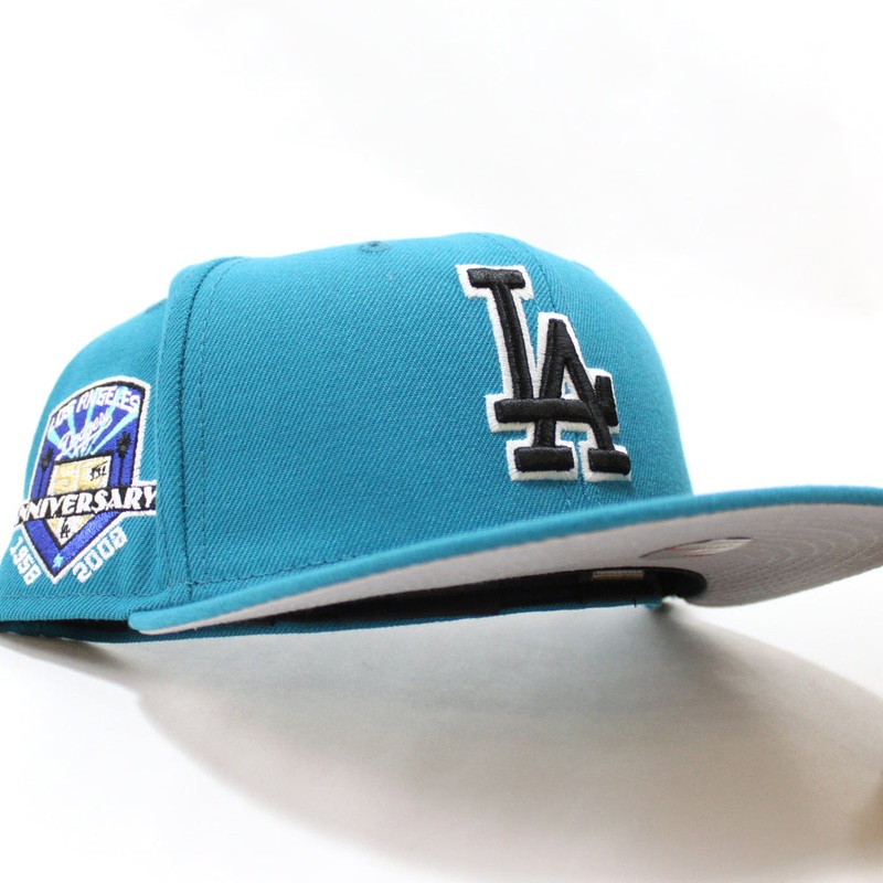 Los Angeles Dodgers 50 Anniversary  New Era 59Fifty Fitted Hat (Glow in the Dark Turquoise Grey Under Brim) 7