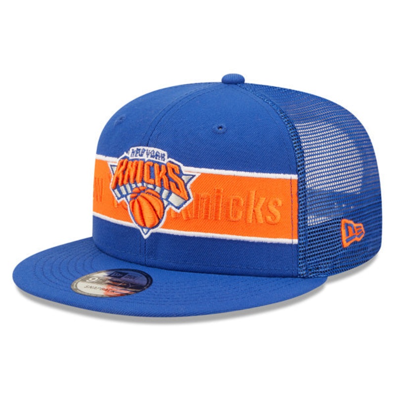 New York Knicks New Era NBA TONAL BAND TRUCKER 9FIFTY Snapback Hat – Royal/Orange