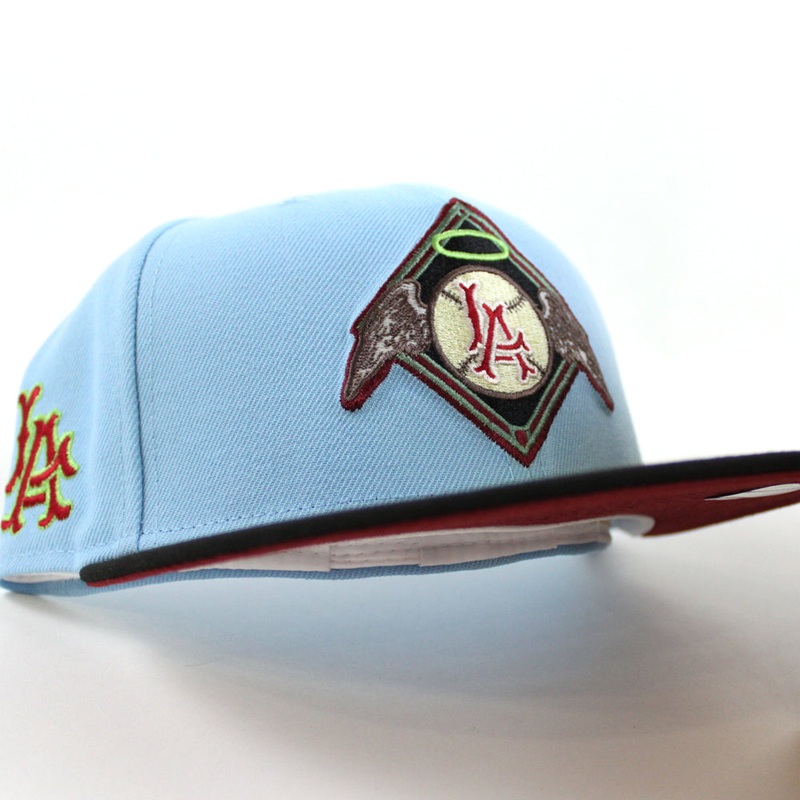 Los Angeles Angels LA PATCH New Era 59Fifty Fitted Hat (DOSCIENTOS BLUE BLACK BRICK RED Under Brim) 7