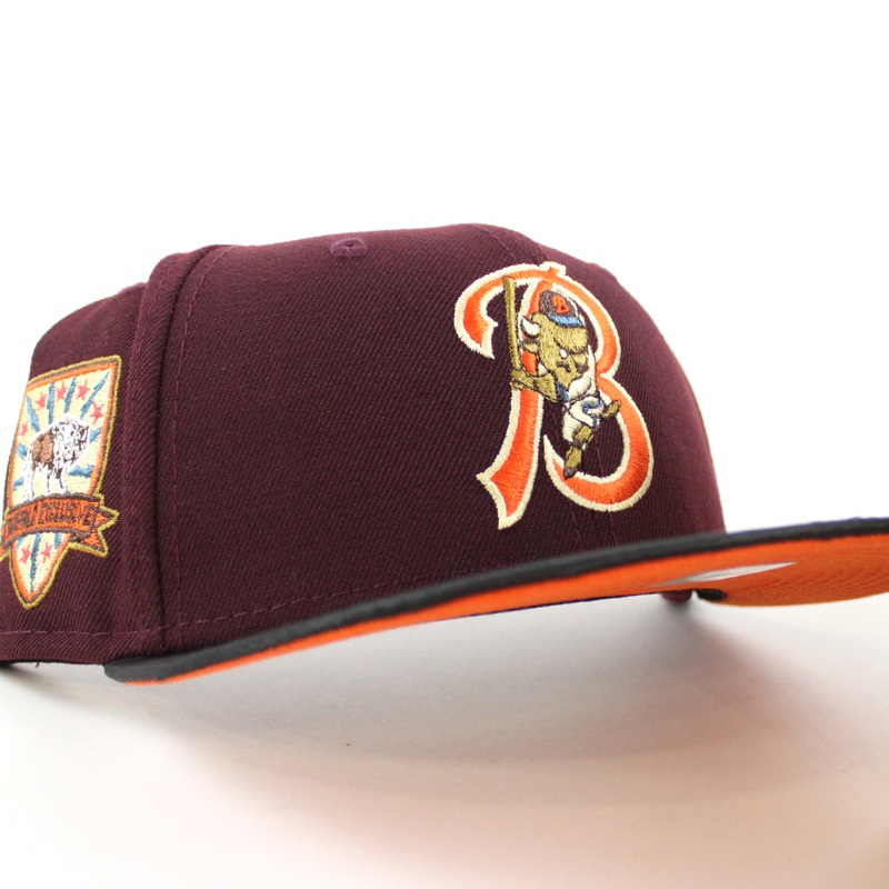Buffalo Bisons BUFFALO New Era 59Fifty Fitted Hat (MAROON BLACK SATIN COUNTDOWN ORANGE  Under Brim) 7