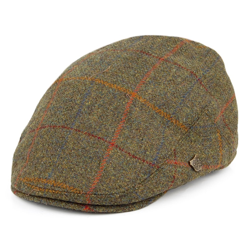 Failsworth Hats Gamekeeper Windowpane Water Repellent Flat Cap – Olive-Multi 55