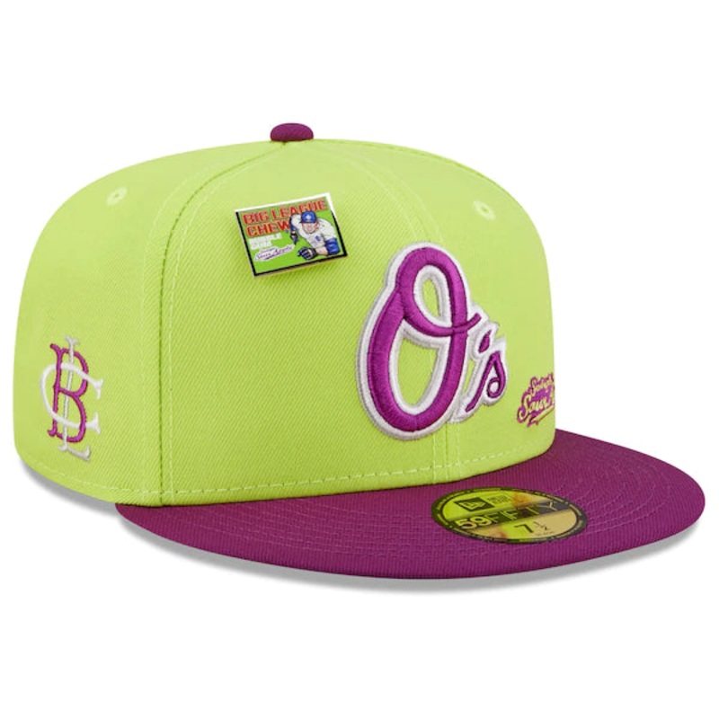 New Era MLB x Big League Chew  Baltimore Orioles Swingin’ Sour Apple Flavor Pack 59FIFTY Fitted Hat – Green/Purple
