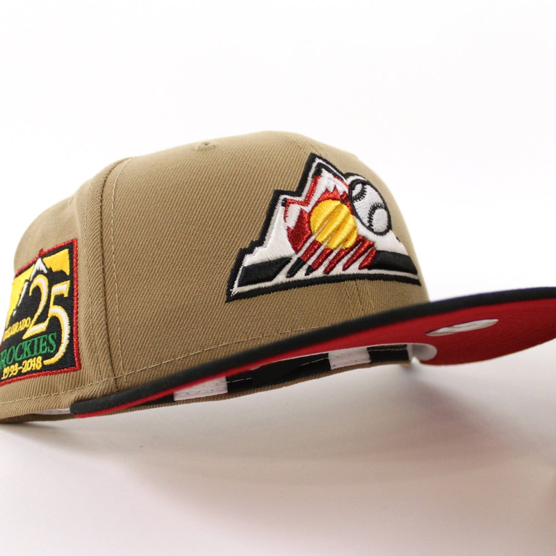 Colorado Rockies 25th Anniversary New Era 59Fifty Fitted Hat (GITD Khaki Black Red Under Brim) 7