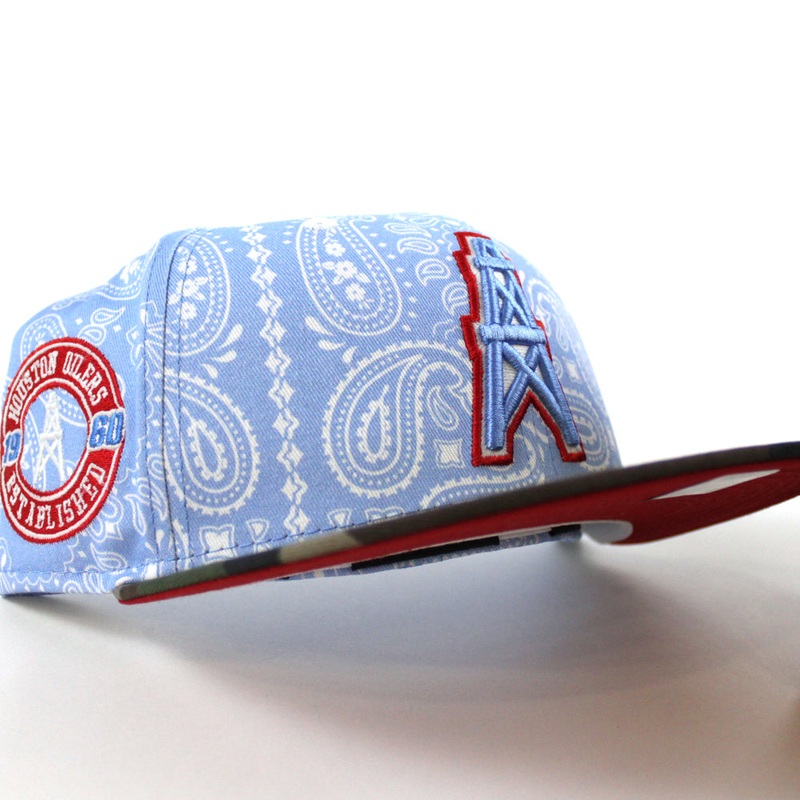 PRE-ORDER HOUSTON OILERS New Era 59Fifty Fitted Hat (Sky Blue Paisley WoodLand Camo Red Under Brim) 07262023 6 7/8