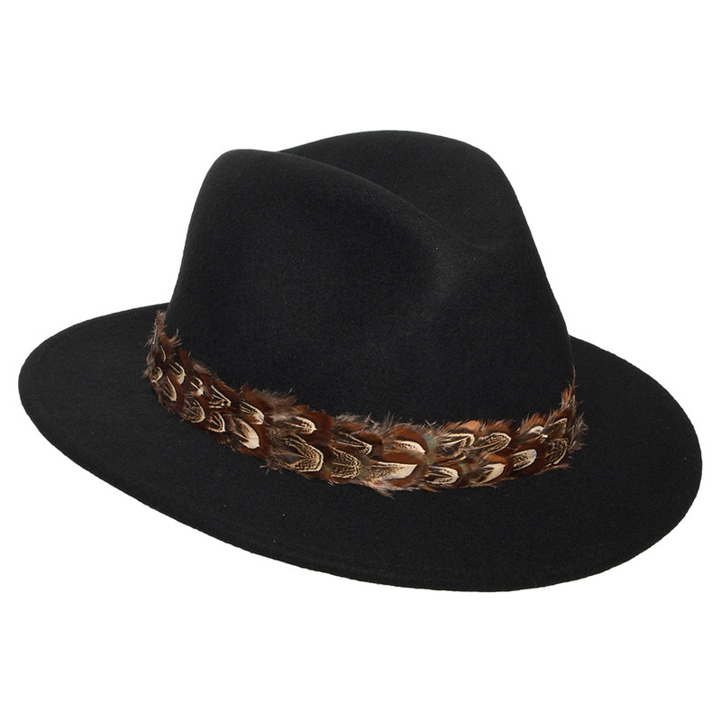 Denton Hats Kansas Crushable Water Repellent Wool Felt Fedora Hat With Feather Band – Black S