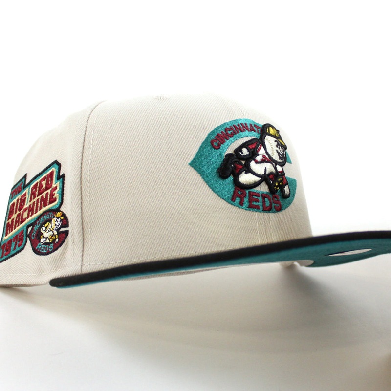 Cincinnati Reds 1975 BIG RED MACHINE New Era 59Fifty Fitted Hat (STONE BLACK AQUA  Under Brim) 7
