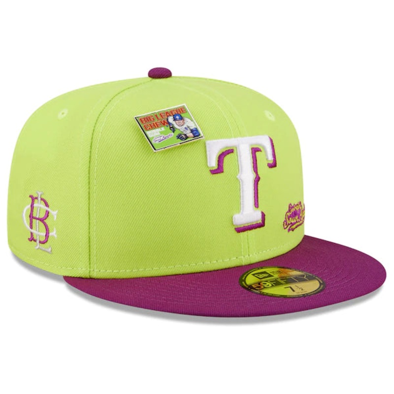 New Era MLB x Big League Chew  Texas Rangers Swingin’ Sour Apple Flavor Pack 59FIFTY Fitted Hat – Green/Purple