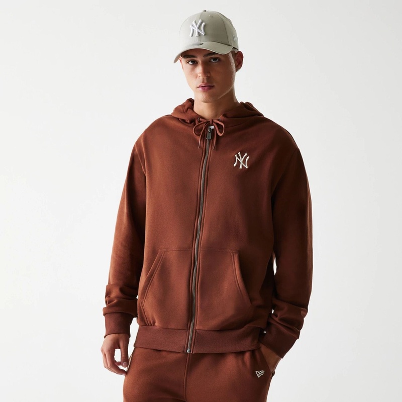 New York Yankees MLB Midi League Essential Brushed Fleece Brown Oversized Full Zip Hoodie XS
