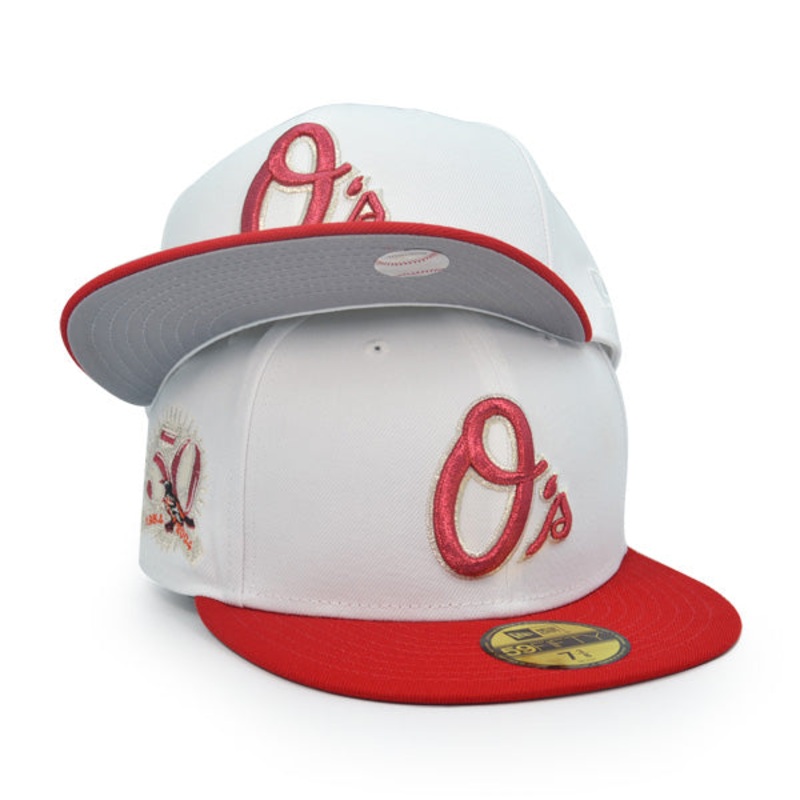 Baltimore Orioles 50th ANNIVERSARY Exclusive New Era 59Fifty Fitted Hat – White/Scarlet 6 7/8