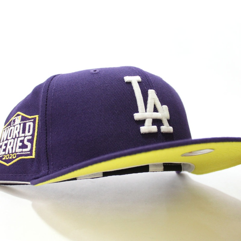 Los Angeles Dodgers 2020 World Series New Era 59Fifty Fitted Hat (Glow in the Dark Purple Bright Yellow Under Brim) 7
