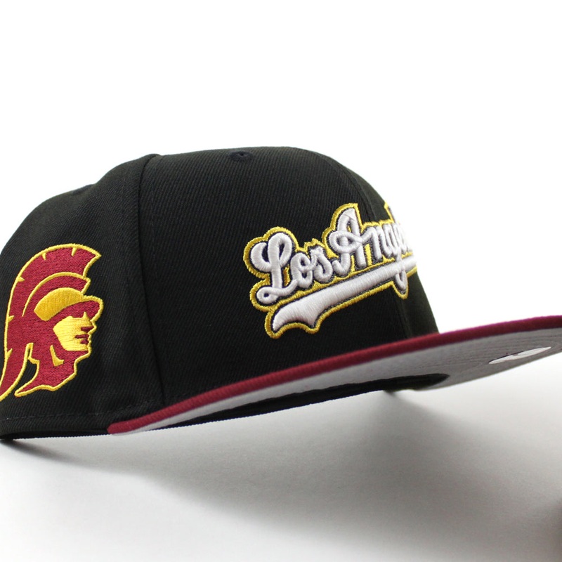 Los Angeles Dodgers x University of Southern California New Era 59Fifty Fitted Hat (Black Cardinal Red Gray Under Brim) 7
