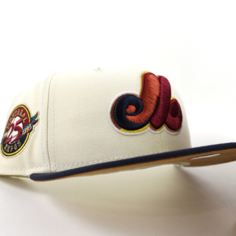 Montreal Expos 25TH Anniversary New Era Fitted 59Fifty Hat (CHROME WHITE NIGHT SHIFT NAVY LIGHT BRONZE Underbrim) 7