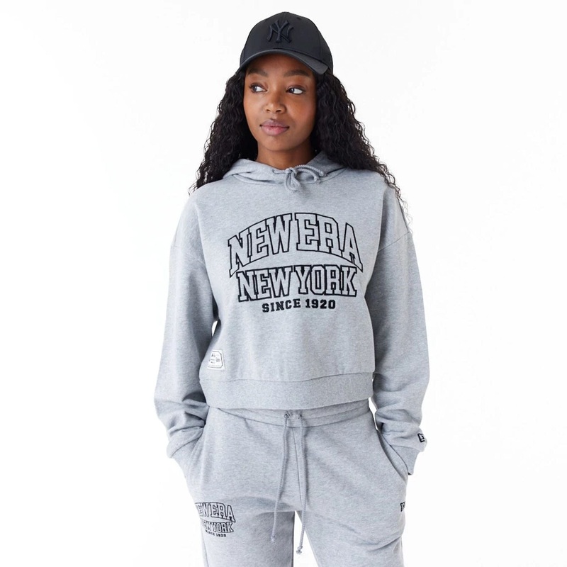 New Era Womens Arch Wordmark Grey Crop Pullover Hoodie XS