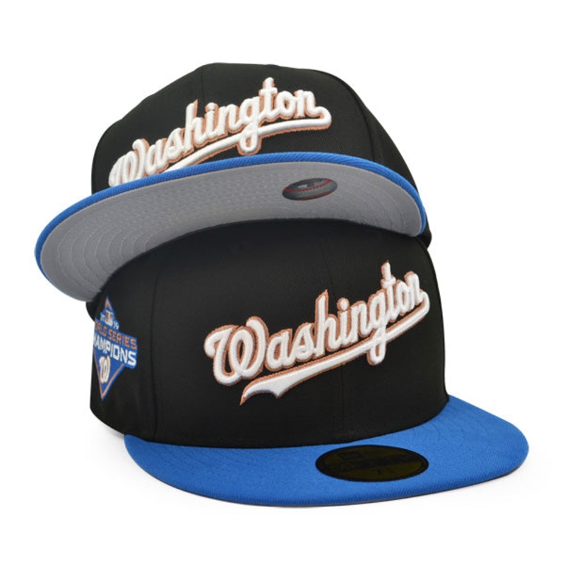 Washington Nationals Script 2019 WORLD SERIES CHAMPIONS Exclusive New Era 59Fifty Fitted Hat – Black/Blue 6 7/8