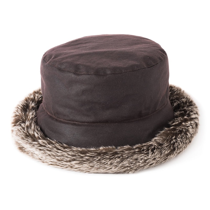 Failsworth Hats Classic Wax Cotton Faux Fur Trim Bucket Hat – Brown Multi 1-Size
