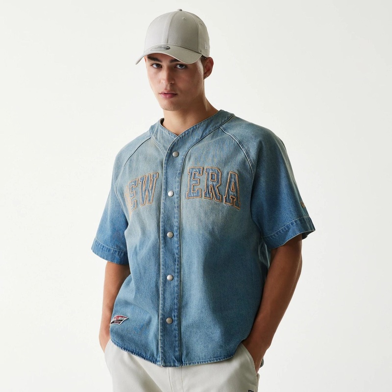 New Era Retro Baseball Blue Short Sleeve Shirt XS