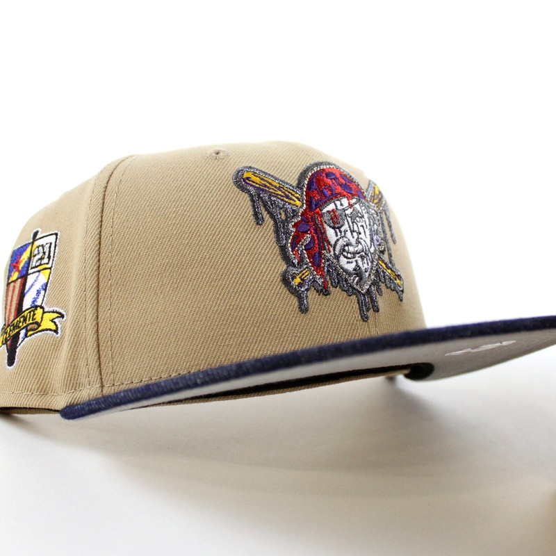 Pittsburgh Pirates Roberto Clemente 59Fifty New Era Fitted Hat (Drip Logo Camel Navy Gray Under Brim) 7