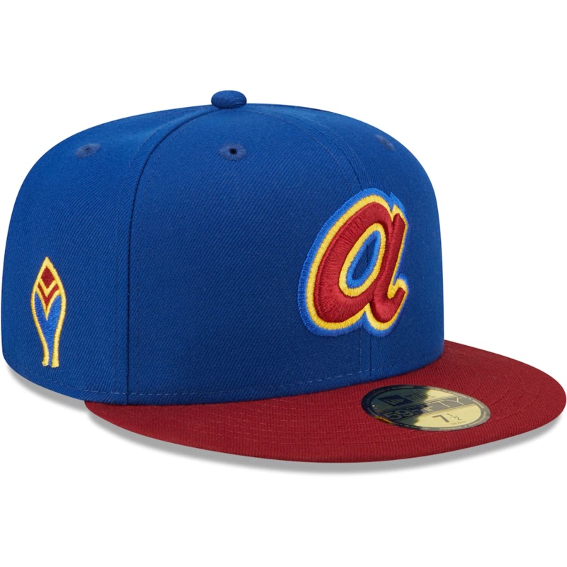 New Era Atlanta Braves Blue/Red Throwback Logo Primary Jewel Gold Undervisor 59FIFTY Fitted Hat