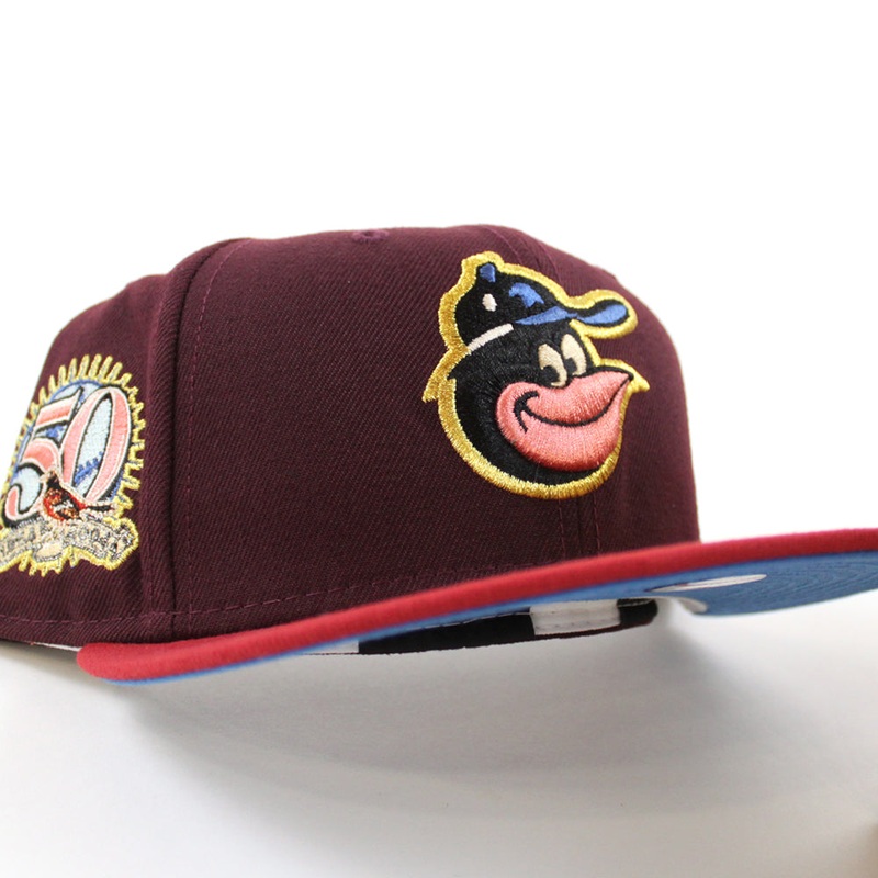 Baltimore Orioles 50TH ANNIVERSARY 59Fifty New Era Fitted Hat (MAROON PINOT RED RAINSTORM Under Brim) 7