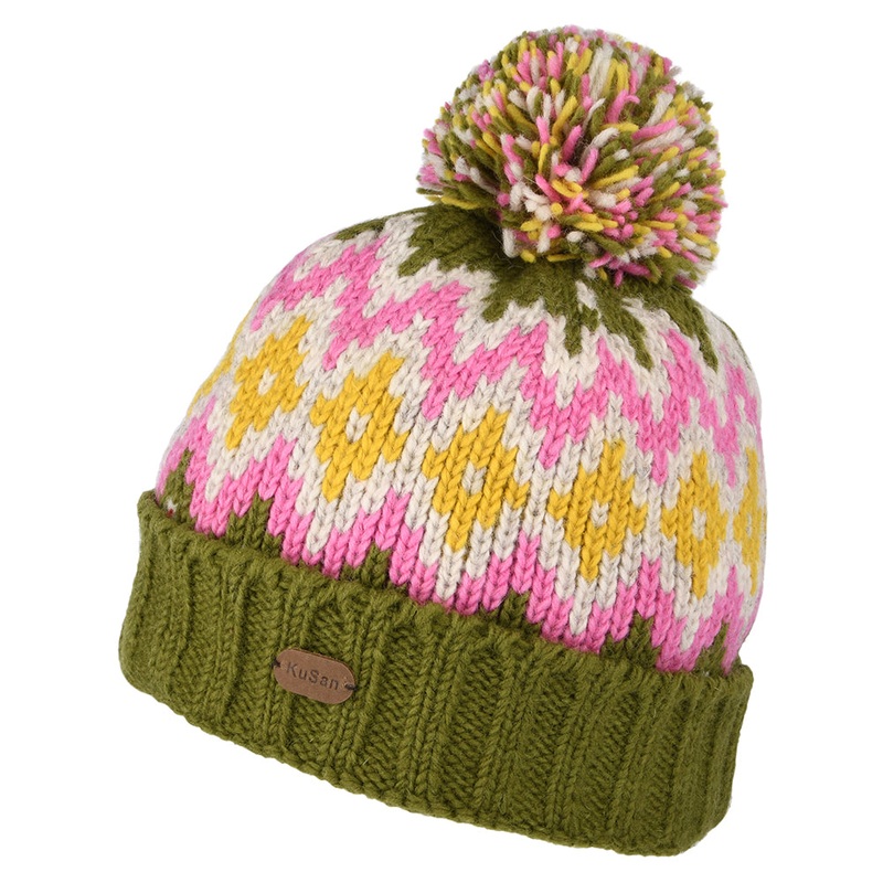 Kusan Diamond Turn Up Bobble Hat – Olive-Pink-Yellow 1-Size