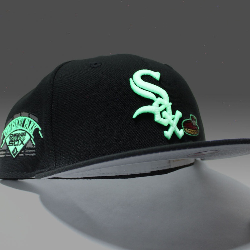 Chicago White Sox Team Eats Comiskey Park New Era 59Fifty Fitted Hat (Glow in the Dark Black Grey Under Brim) 7