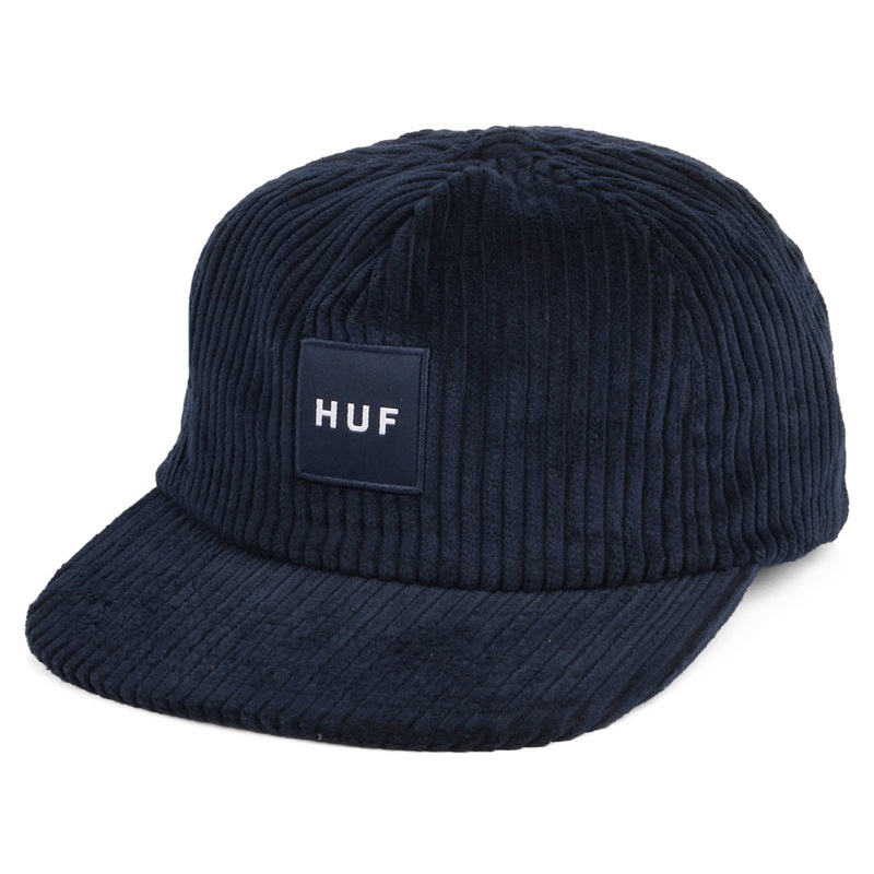 HUF Box Logo Corduroy Flat Brim Baseball Cap – Navy Blue Adjustable
