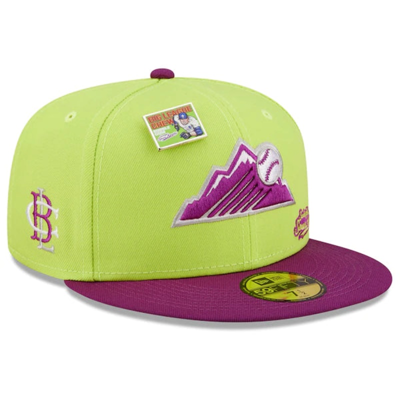 New Era MLB x Big League Chew  Colorado Rockies Swingin’ Sour Apple Flavor Pack 59FIFTY Fitted Hat – Green/Purple