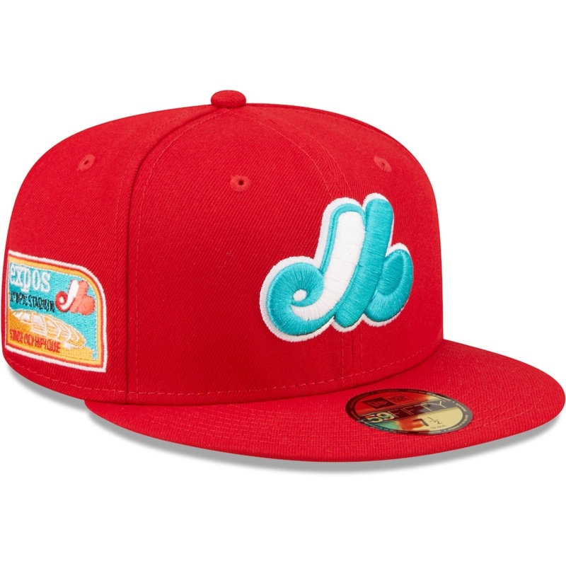 New Era Montreal Expos Olympic Stadium Stade Olympique Scarlet/Teal Undervisor 2022 59FIFTY Fitted Hat