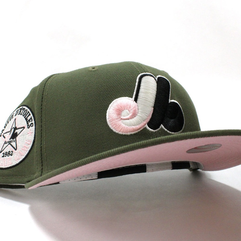 Montreal Expos 1982 All-Star Game New Era 59Fifty Fitted Hat (Glow in the Dark Logo Olive Pink Under brim) 7