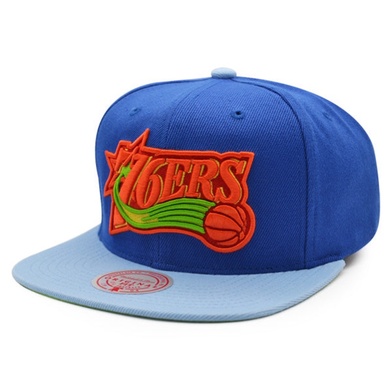 Philadelphia 76ers Mitchell & Ness WEATHER MAN Snapback Hat – Blue/Sky/Orange/Lime