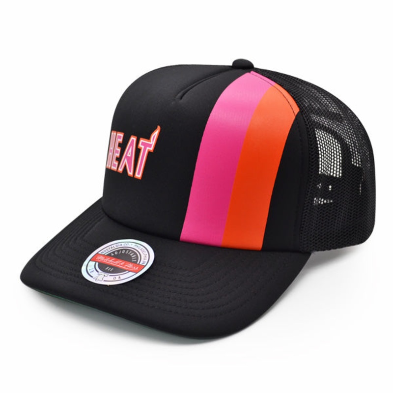 Miami Heat Mitchell & Ness JERSEY HOOK Trucker Snapback Hat – Black/Orange/Pink
