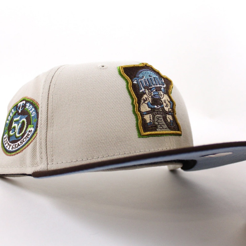 Minnesota Twins FIFTY SEASONS New Era 59Fifty Fitted Hat (STONE BURNT WOOD BIRDSEYE BLUE Under Brim) 7