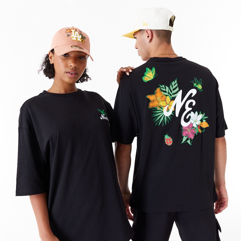 New Era Floral Graphic Oversized Black Tee S