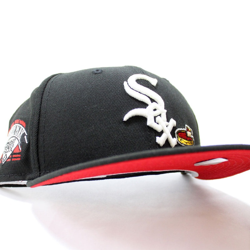 Chicago White Sox Deep Dish Comiskey Park Patch New Era Fitted 59Fifty Hat (Glow in the Dark Logo Black Red Under Brim) 7