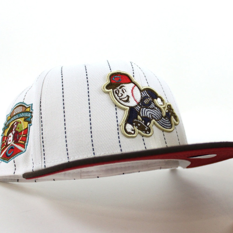 Cincinnati Reds 2003 INAUGURAL SEASON New Era 59Fifty Fitted Hat (PINSTRIPE BROWN PINOT Under Brim) 7