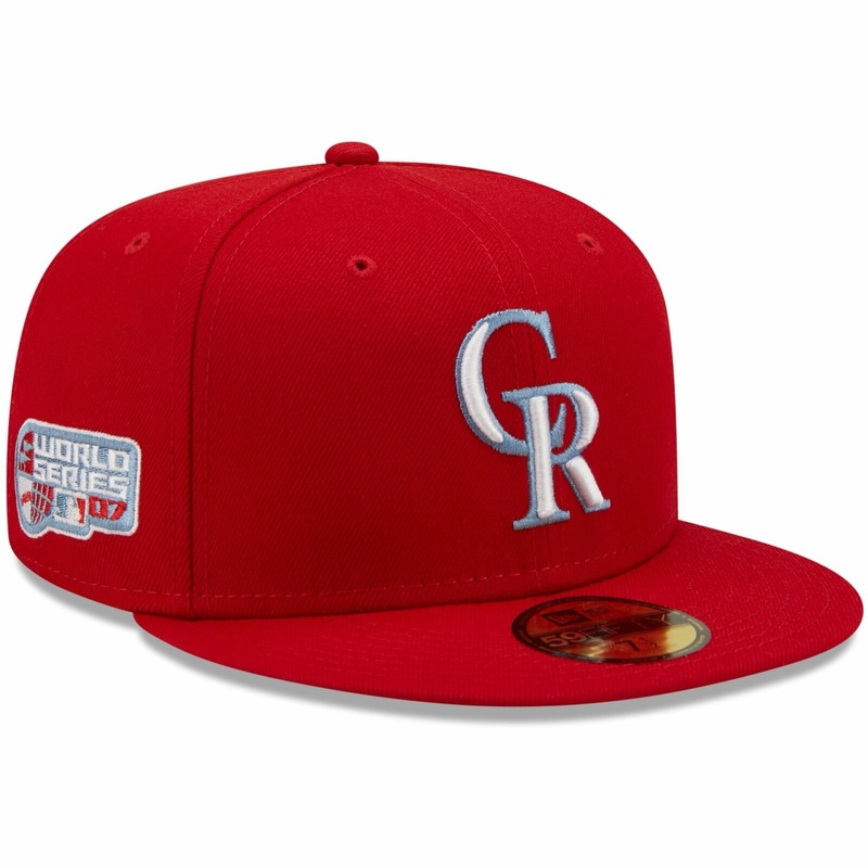 New Era Colorado Rockies Scarlet Red 2007 World Series Blue Undervisor 59FIFTY Fitted Hat