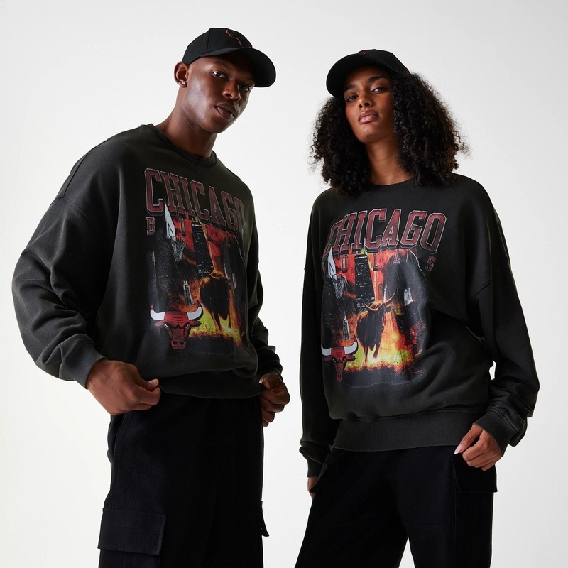 Chicago Bulls NBA Washed Graphic Grey Oversized Crew Neck Sweater XS