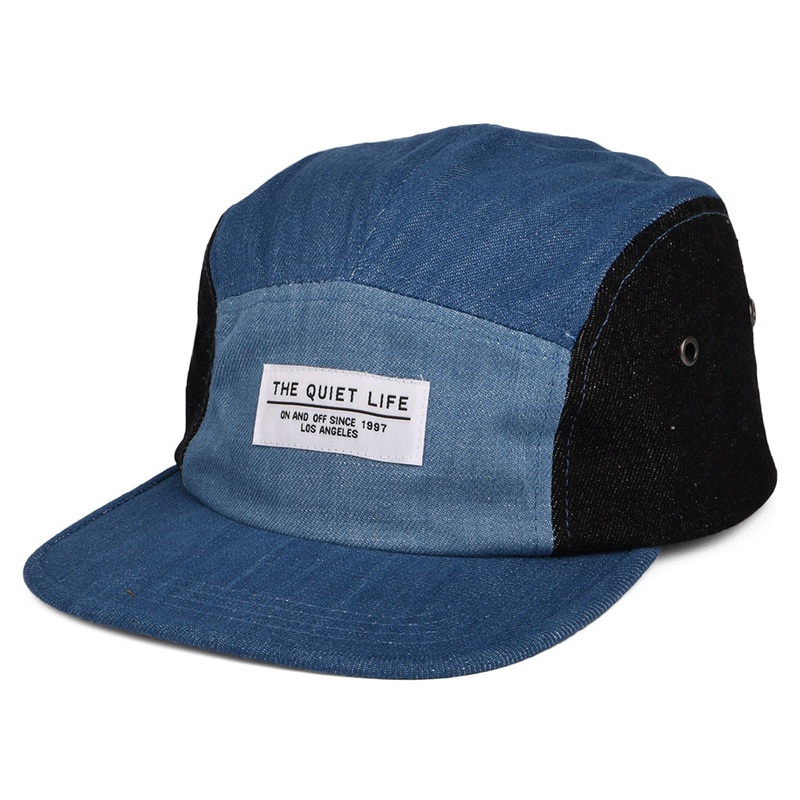 The Quiet Life Hats Patchwork Denim 5 Panel Cap – Denim-Black Adjustable