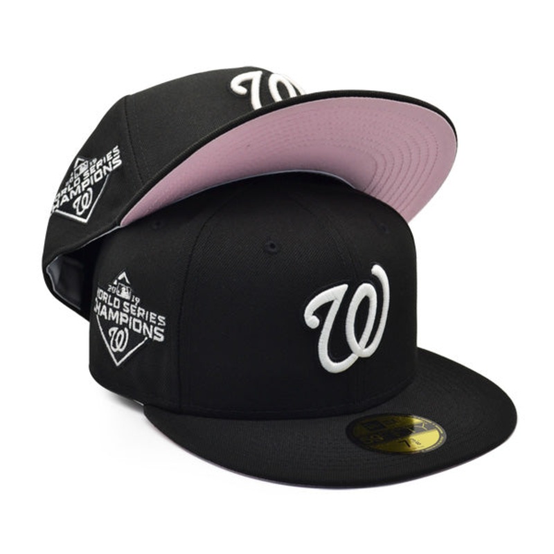Washington Nationals 2019 WORLD SERIES Exclusive New Era 59Fifty Fitted Hat  Black/White Glow/Pink Bottom 7